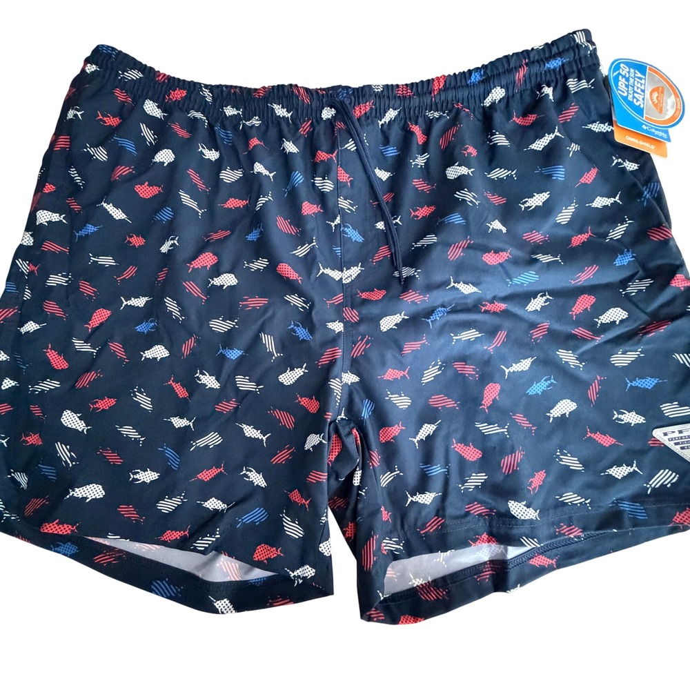 Columbia PFG Rambler Water Shorts Mens XXL Navy Blue Fish Print 6" Inseam NWT